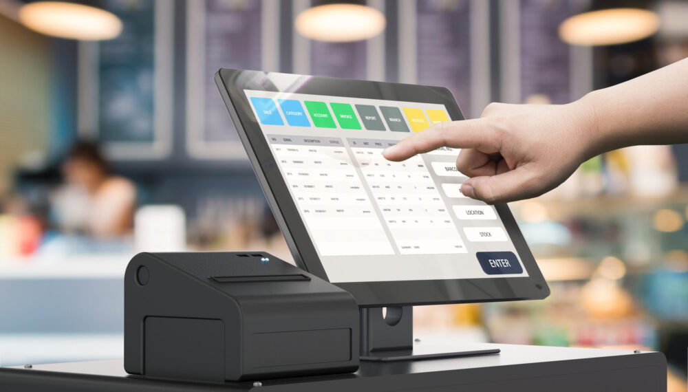 human hand working with 3d rendering cashier machine